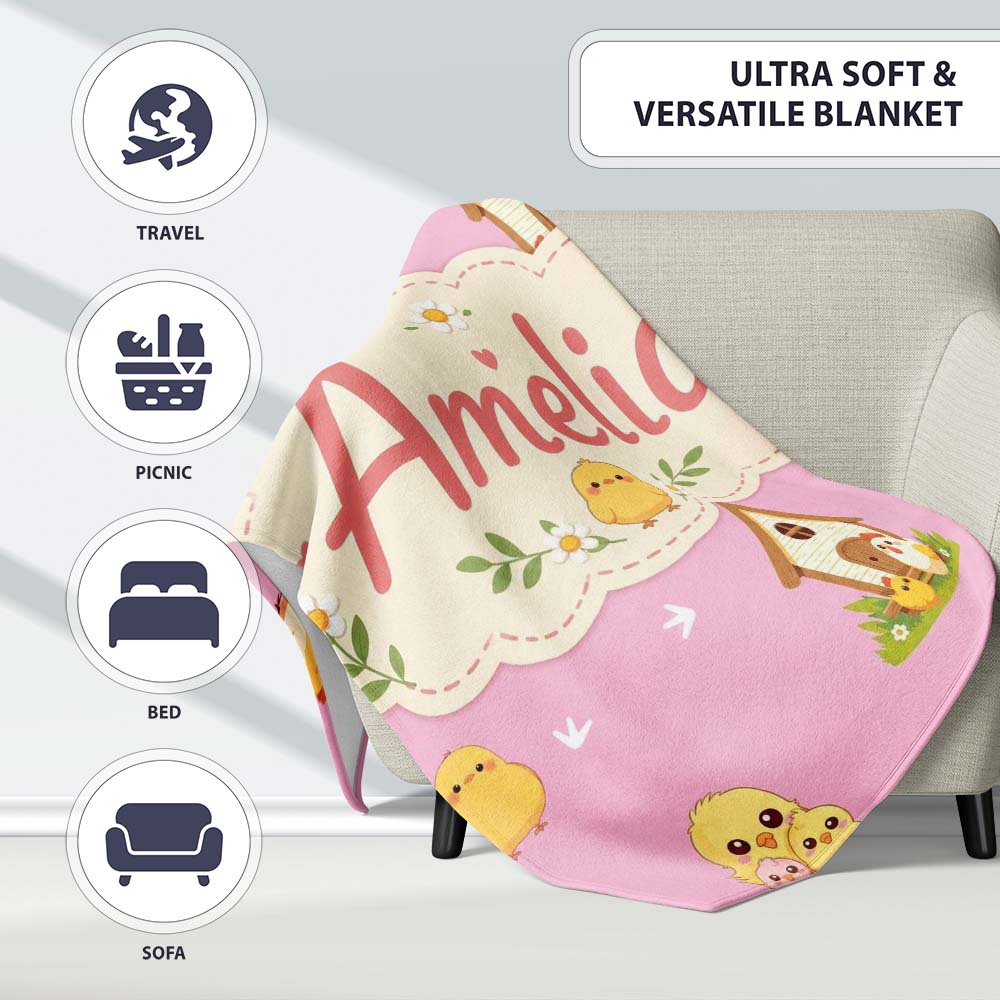 Cute Cartoon Chickens Farmhouse Pattern Rose Pink Background Personalised Custom Name Super Soft Fleece Blanket Bed Sofa Throw