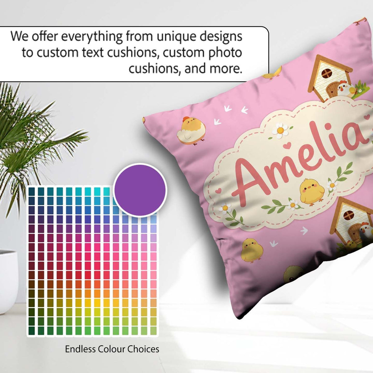 Custom Name Cute Cartoon Chickens Farmhouse Rose Pink Background Square Filled Cushion Throw Pillow Sofa Bed Home Decor Zip Washable UK Made