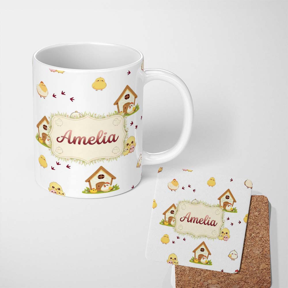 Personalized Custom Name Cute Cartoon Chickens Farmhouse Pattern Light Grey Background 11oz Ceramic Coffee Tea Mug White Large Handle