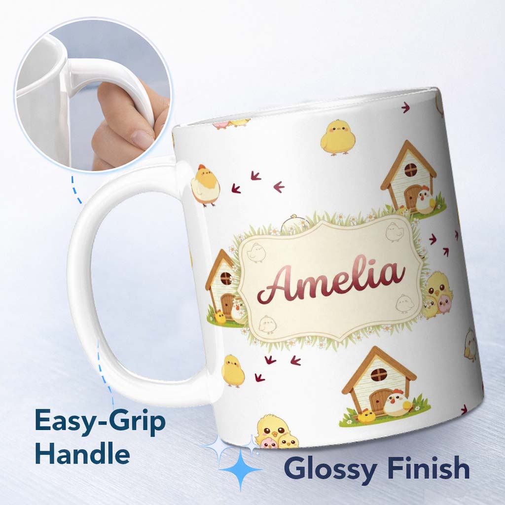 Personalized Custom Name Cute Cartoon Chickens Farmhouse Pattern Light Grey Background 11oz Ceramic Coffee Tea Mug White Large Handle