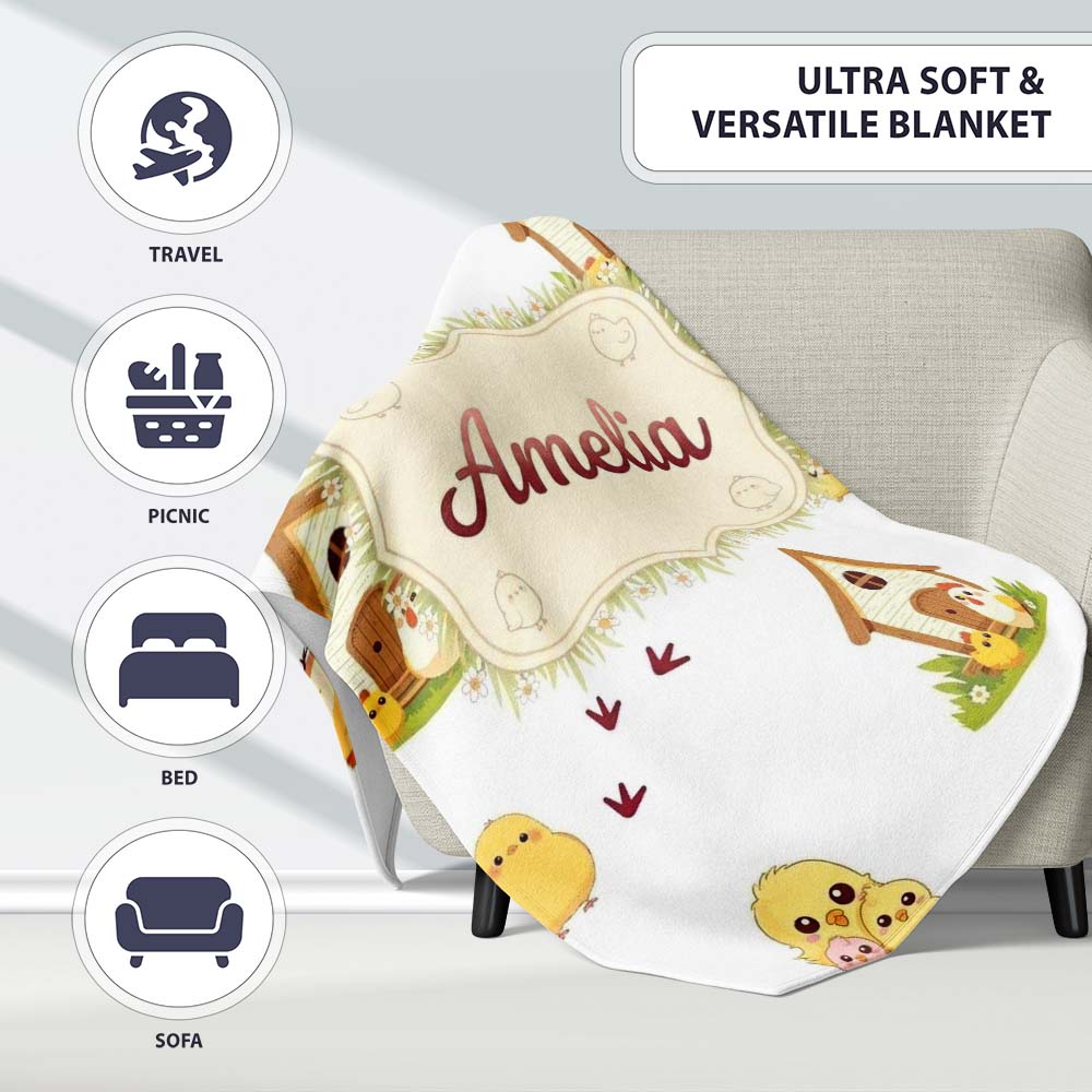Cute Cartoon Chickens Farmhouse Pattern Light Grey Background Personalised Custom Name Super Soft Fleece Blanket Bed Sofa Throw