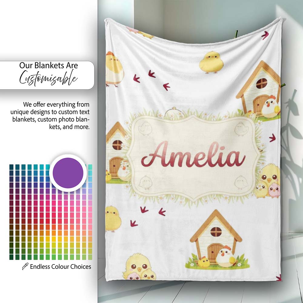 Cute Cartoon Chickens Farmhouse Pattern Light Grey Background Personalised Custom Name Super Soft Fleece Blanket Bed Sofa Throw