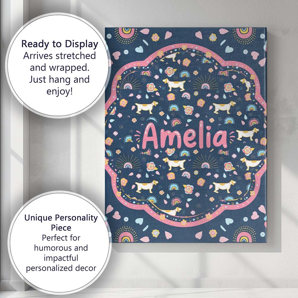 Personalised Name Boho Dog Floral Rainbow Navy Background Seamless Custom Unique Canvas Wall Art Print Decor Picture Ready to Hang