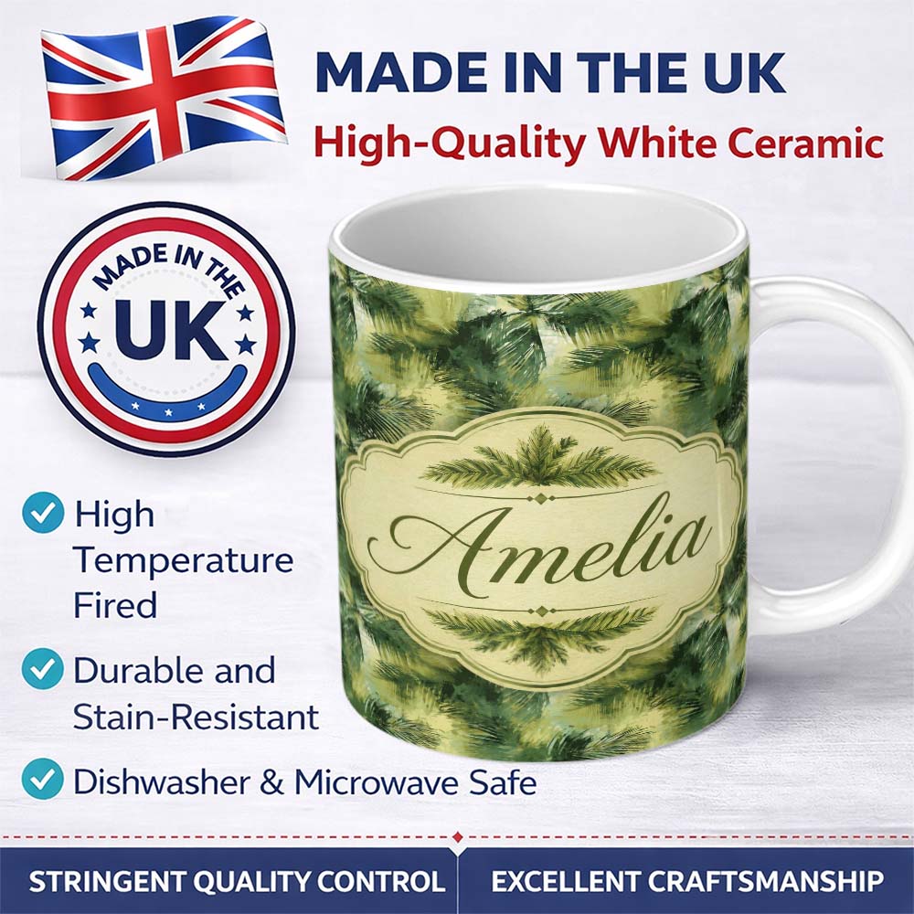 Personalized Custom Name Abstract Green Tropical Palm Leaf Brushstroke Pattern Lovely 11oz Ceramic Coffee Tea Mug White Large Handle