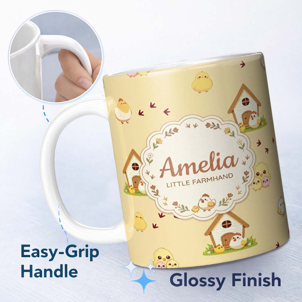 Personalized Custom Name Cute Cartoon Chickens Farmhouse Pattern Soft Yellow Background 11oz Ceramic Coffee Tea Mug White Large Handle