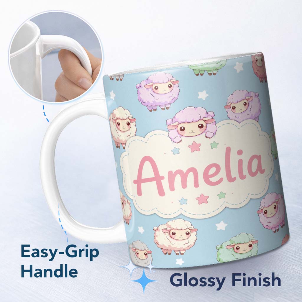 Personalized Custom Name Cute Kawaii Sheep with Starry Sky Background Seamless Pattern Name 11oz Ceramic Coffee Tea Mug White Large Handle