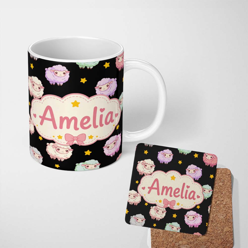 Personalized Custom Name Cute Kawaii Sheep with Night Star Background Seamless Pattern Name 11oz Ceramic Coffee Tea Mug White Large Handle