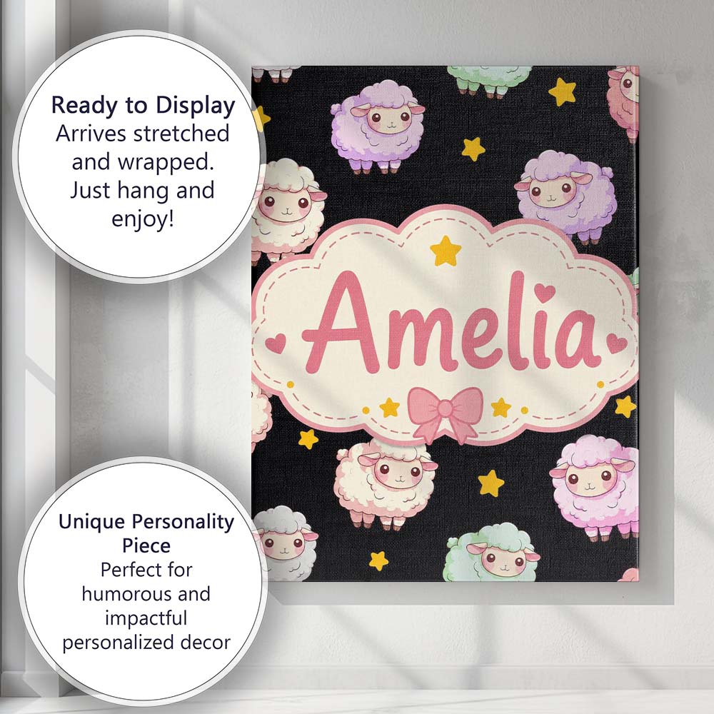 Personalised Name Cute Kawaii Sheep with Custom Unique Gift Idea Elegant Feature Canvas Wall Art Print Decor Picture Ready to Hang