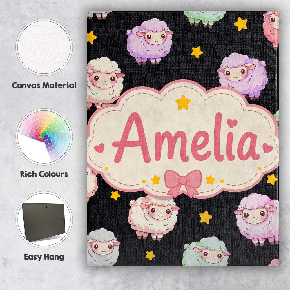 Personalised Name Cute Kawaii Sheep with Custom Unique Gift Idea Elegant Feature Canvas Wall Art Print Decor Picture Ready to Hang