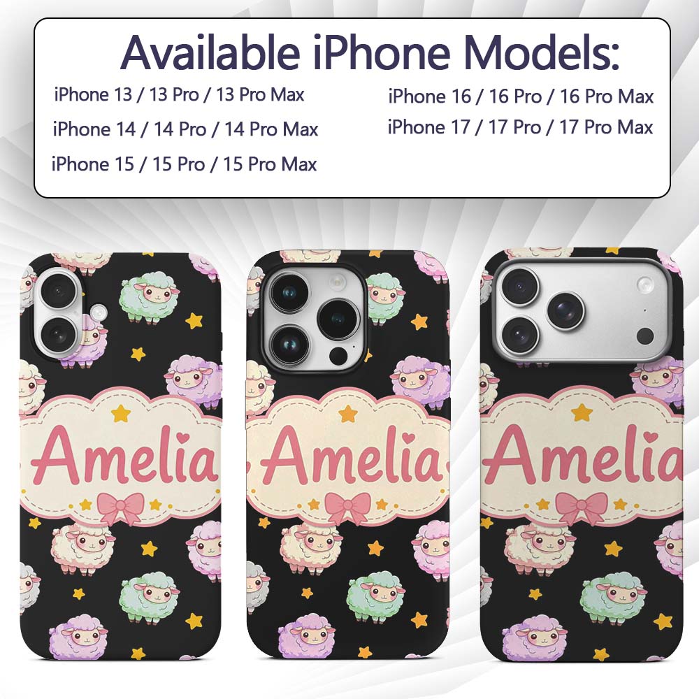 Cute Kawaii Sheep with Night Star Background Custom Name Protective Phone Case Mobile Cover Durable Everyday Smartphone Shock Resistant