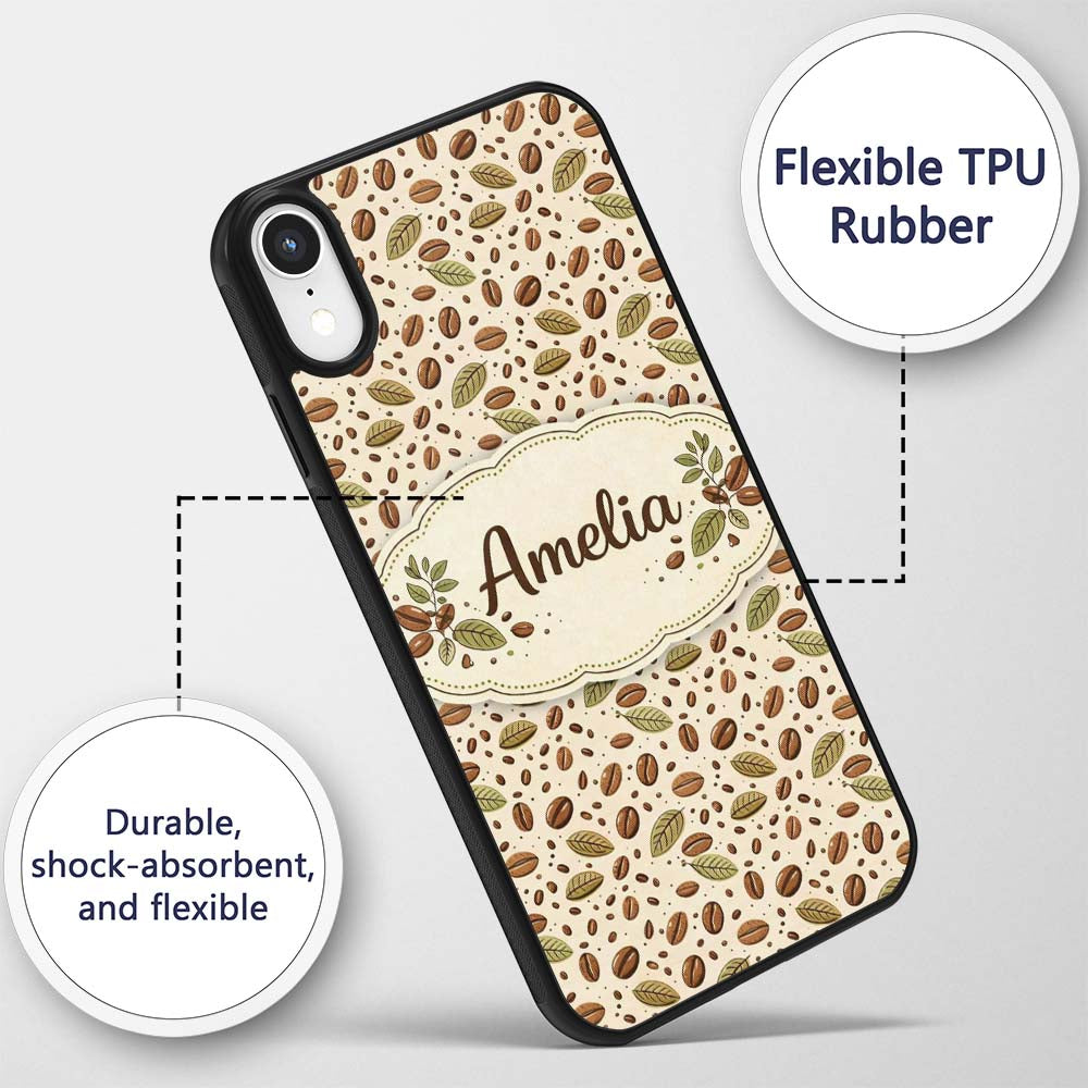 Coffee Plant Beans and Green Leaves Seamless Custom Name Protective Phone Case Mobile Cover Durable Everyday Smartphone Shock Resistant