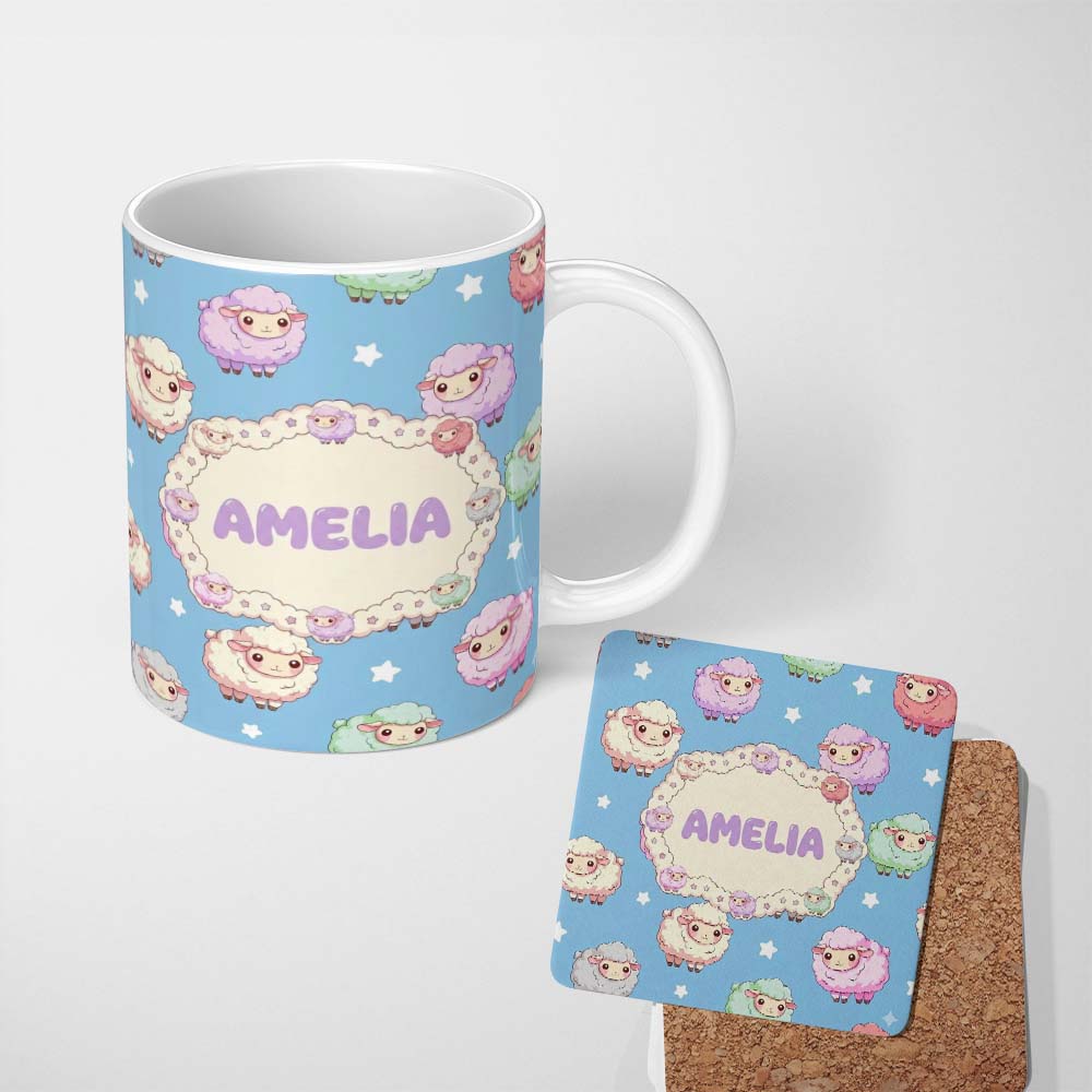 Personalized Custom Name Cute Kawaii Sheep with Blue Sky Star Background Seamless Pattern 11oz Ceramic Coffee Tea Mug White Large Handle