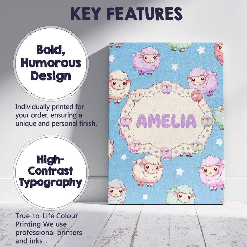 Personalised Name Cute Kawaii Sheep with Custom Unique Gift Idea Elegant Feature Canvas Wall Art Print Decor Picture Ready to Hang