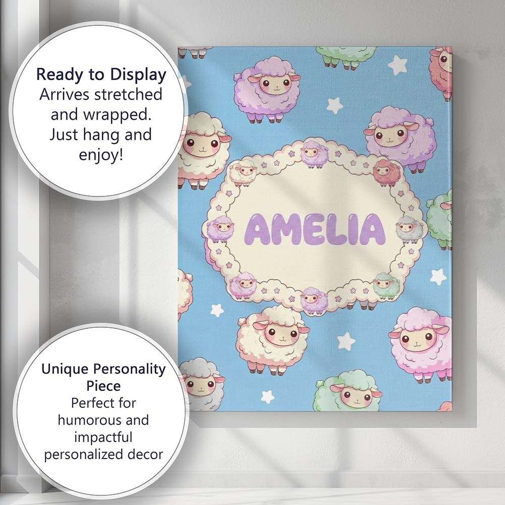 Personalised Name Cute Kawaii Sheep with Custom Unique Gift Idea Elegant Feature Canvas Wall Art Print Decor Picture Ready to Hang
