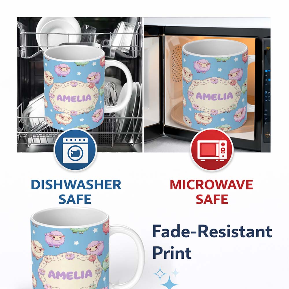 Personalized Custom Name Cute Kawaii Sheep with Blue Sky Star Background Seamless Pattern 11oz Ceramic Coffee Tea Mug White Large Handle