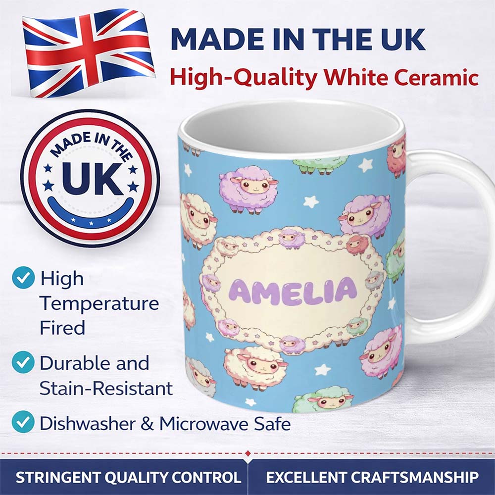 Personalized Custom Name Cute Kawaii Sheep with Blue Sky Star Background Seamless Pattern 11oz Ceramic Coffee Tea Mug White Large Handle