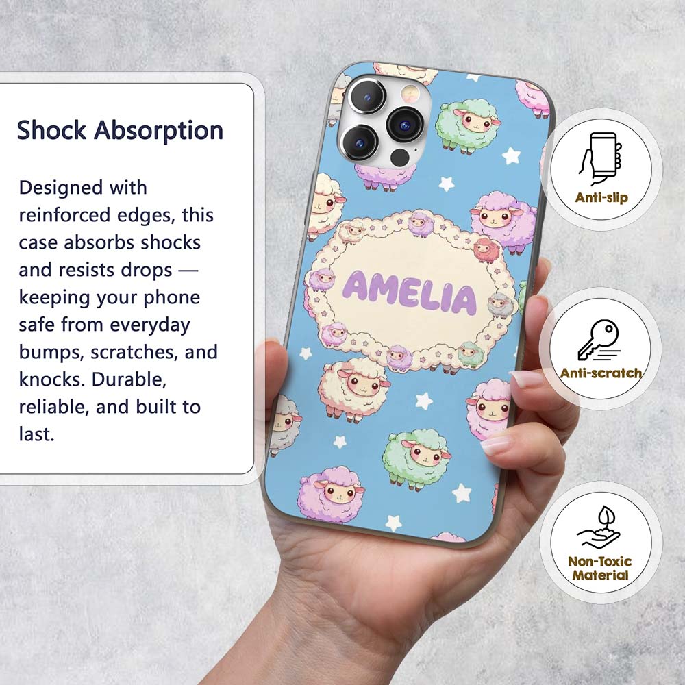 Cute Kawaii Sheep with Blue Sky Star Background Custom Name Protective Phone Case Mobile Cover Durable Everyday Smartphone Shock Resistant