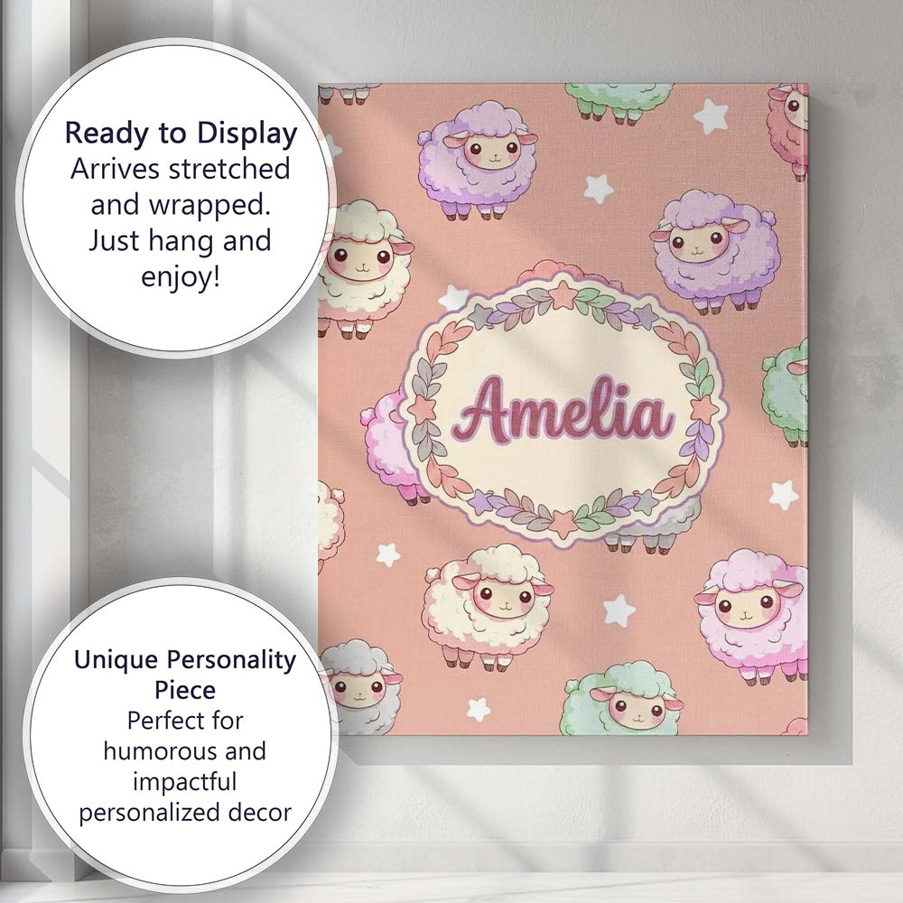 Personalised Name Cute Kawaii Sheep with Custom Unique Gift Idea Elegant Feature Canvas Wall Art Print Decor Picture Ready to Hang