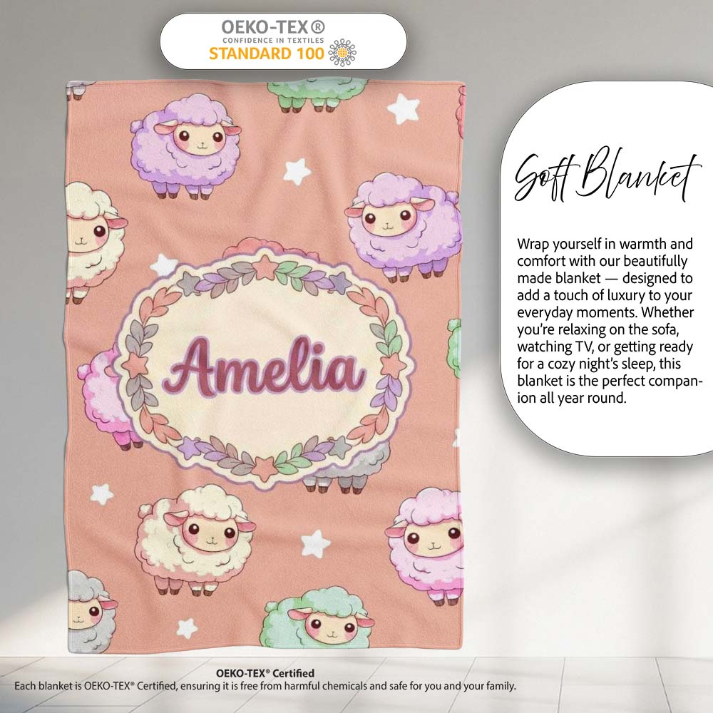 Cute Kawaii Sheep with Soft Peach Background Seamless Pattern Name Personalised Custom Name Super Soft Fleece Blanket Bed Sofa Throw