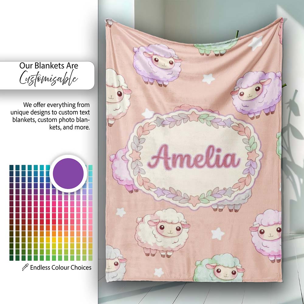 Cute Kawaii Sheep with Soft Peach Background Seamless Pattern Name Personalised Custom Name Super Soft Fleece Blanket Bed Sofa Throw