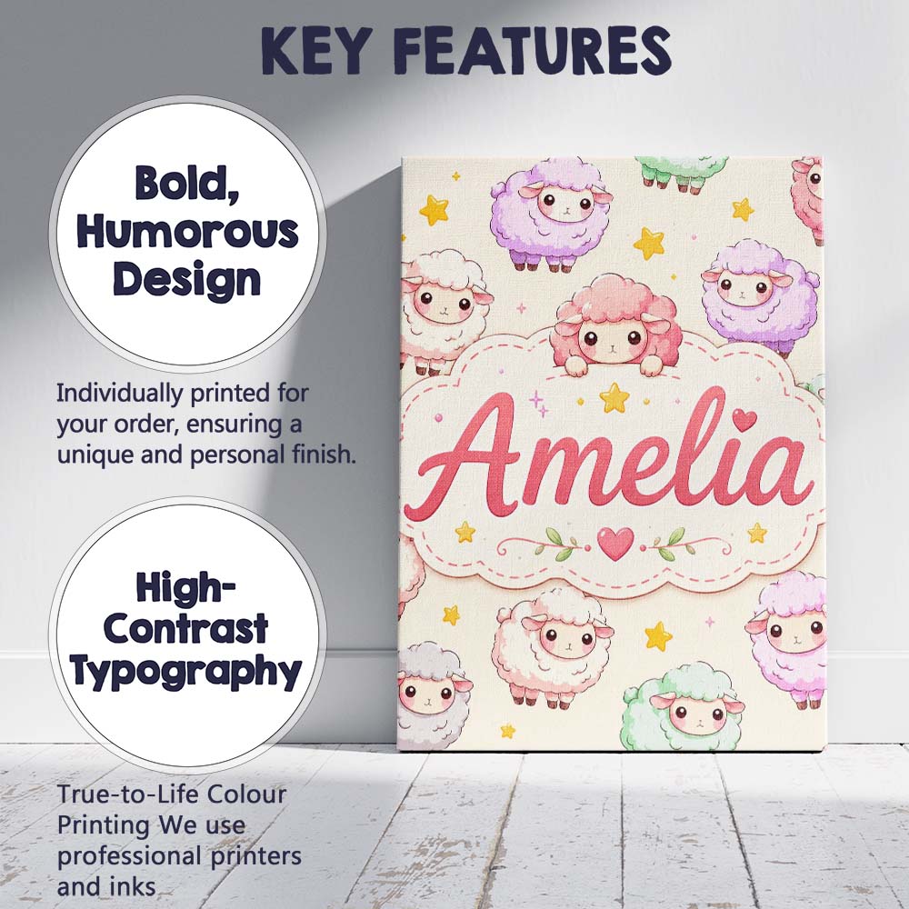 Personalised Name Cute Kawaii Sheep with Custom Unique Gift Idea Elegant Feature Canvas Wall Art Print Decor Picture Ready to Hang