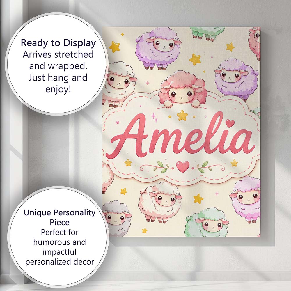 Personalised Name Cute Kawaii Sheep with Custom Unique Gift Idea Elegant Feature Canvas Wall Art Print Decor Picture Ready to Hang