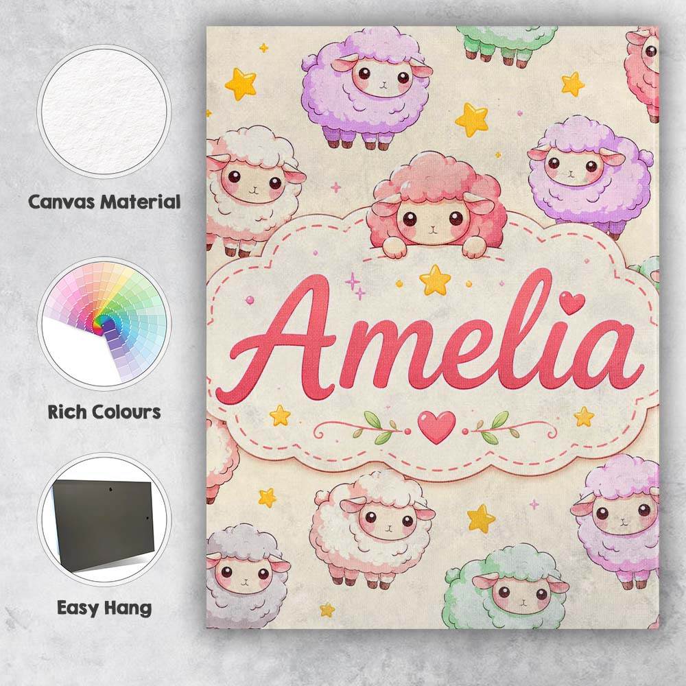 Personalised Name Cute Kawaii Sheep with Custom Unique Gift Idea Elegant Feature Canvas Wall Art Print Decor Picture Ready to Hang