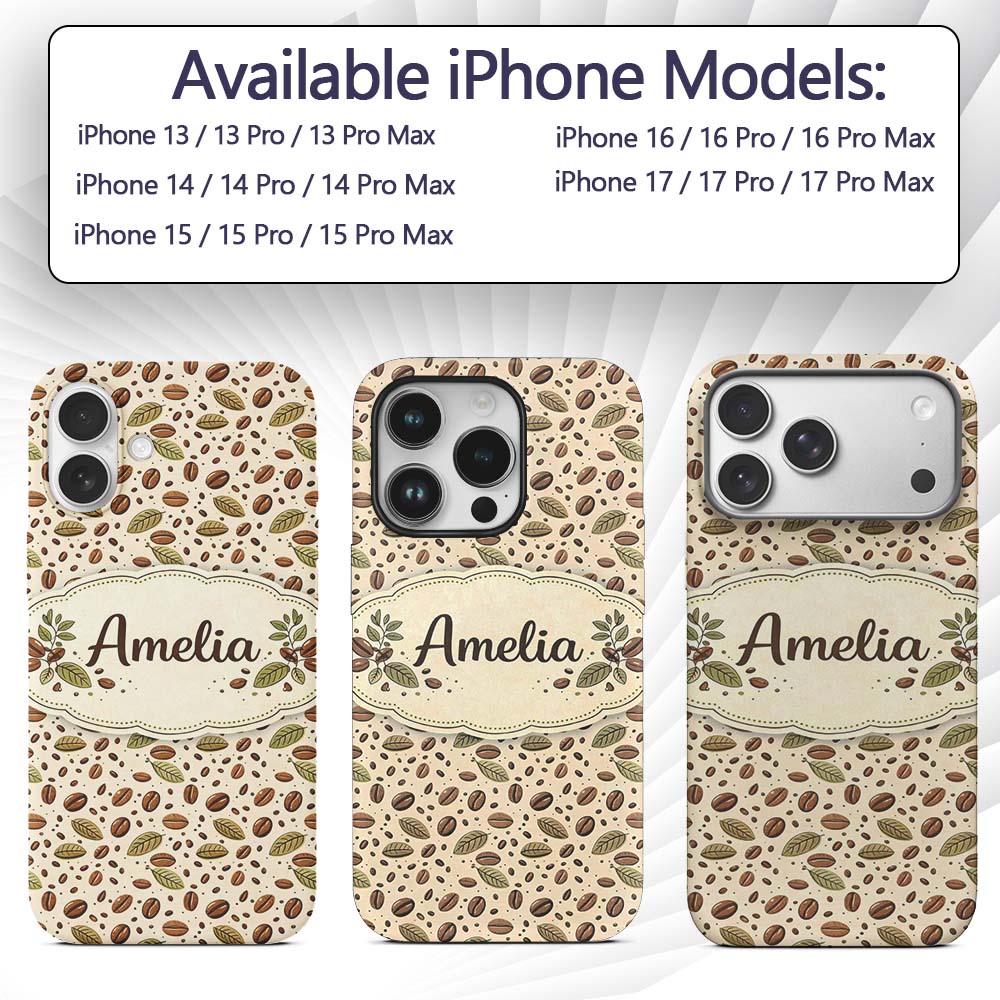 Coffee Plant Beans and Green Leaves Seamless Custom Name Protective Phone Case Mobile Cover Durable Everyday Smartphone Shock Resistant