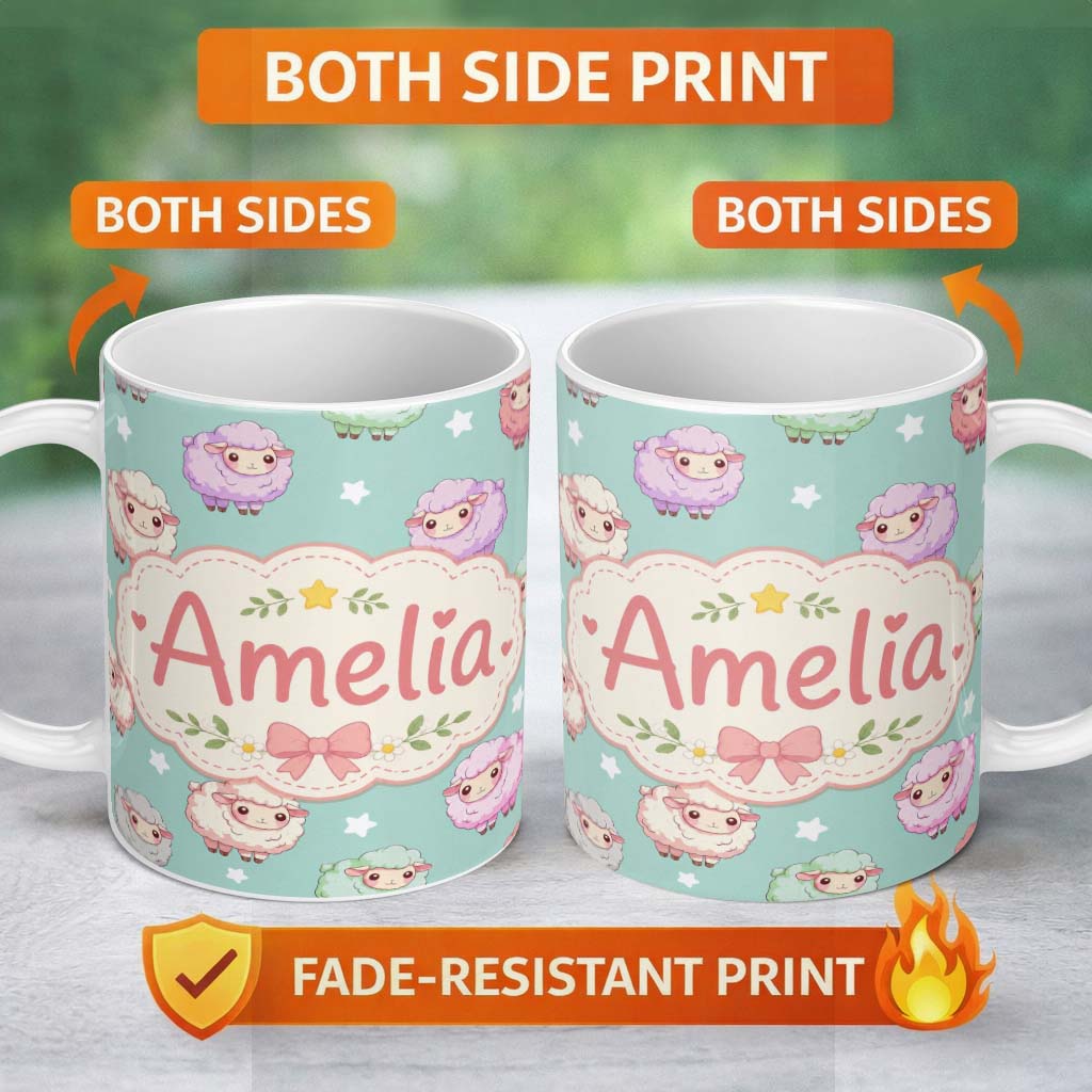 Personalized Custom Name Cute Kawaii Sheep with Mint Star Background Seamless Pattern Name 11oz Ceramic Coffee Tea Mug White Large Handle