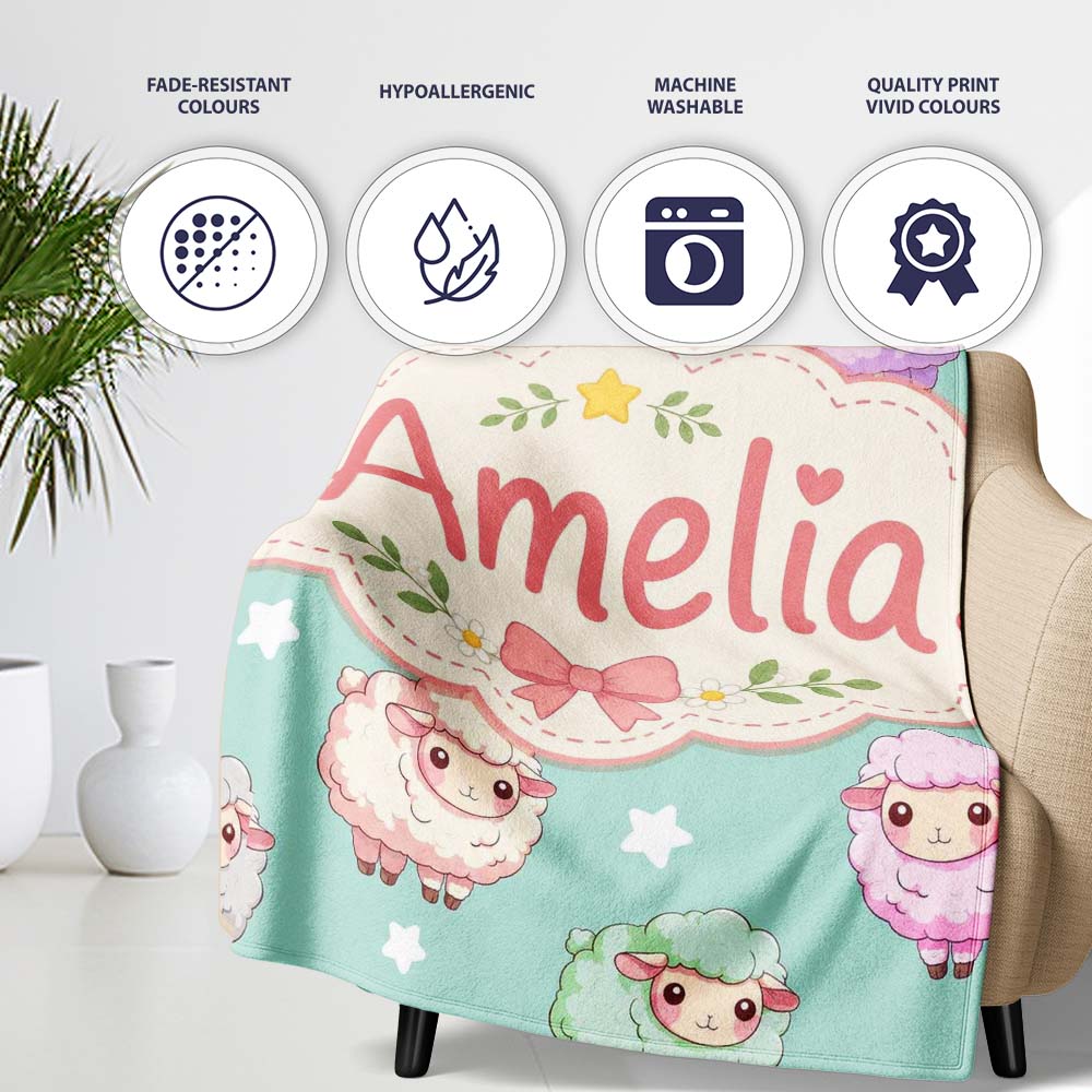 Cute Kawaii Sheep with Mint Star Background Seamless Pattern Name Personalised Custom Name Super Soft Fleece Blanket Bed Sofa Throw