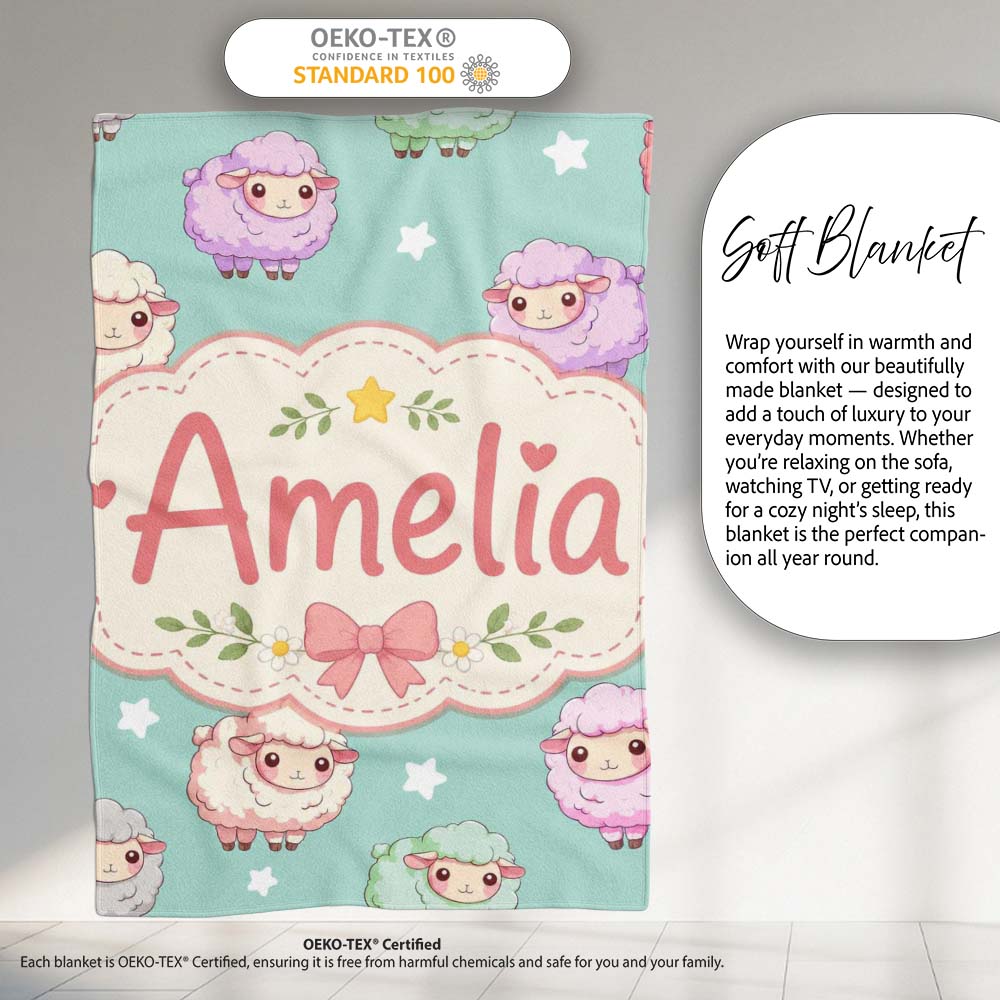 Cute Kawaii Sheep with Mint Star Background Seamless Pattern Name Personalised Custom Name Super Soft Fleece Blanket Bed Sofa Throw