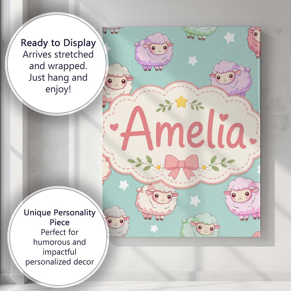 Personalised Name Cute Kawaii Sheep with Custom Unique Gift Idea Elegant Feature Canvas Wall Art Print Decor Picture Ready to Hang