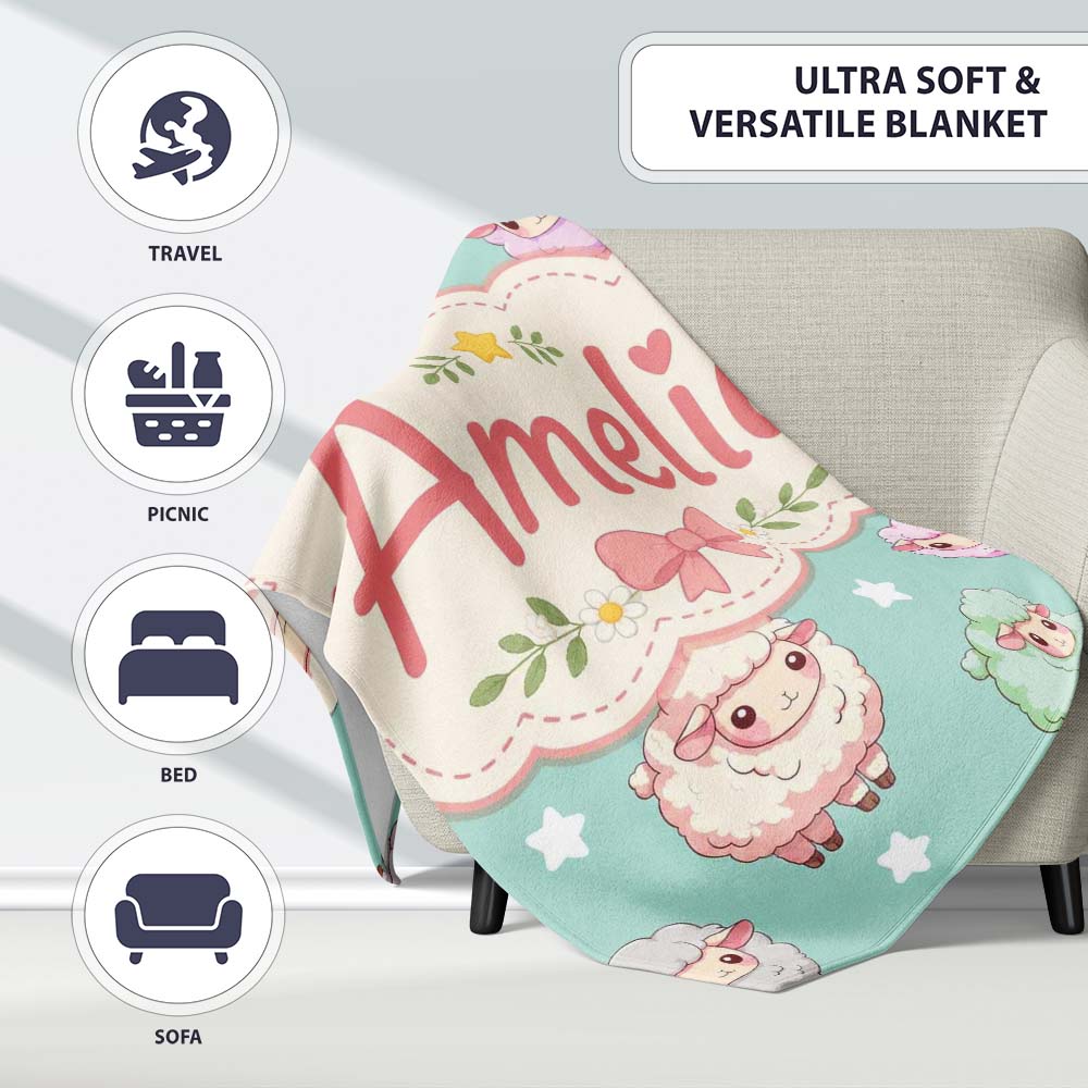 Cute Kawaii Sheep with Mint Star Background Seamless Pattern Name Personalised Custom Name Super Soft Fleece Blanket Bed Sofa Throw