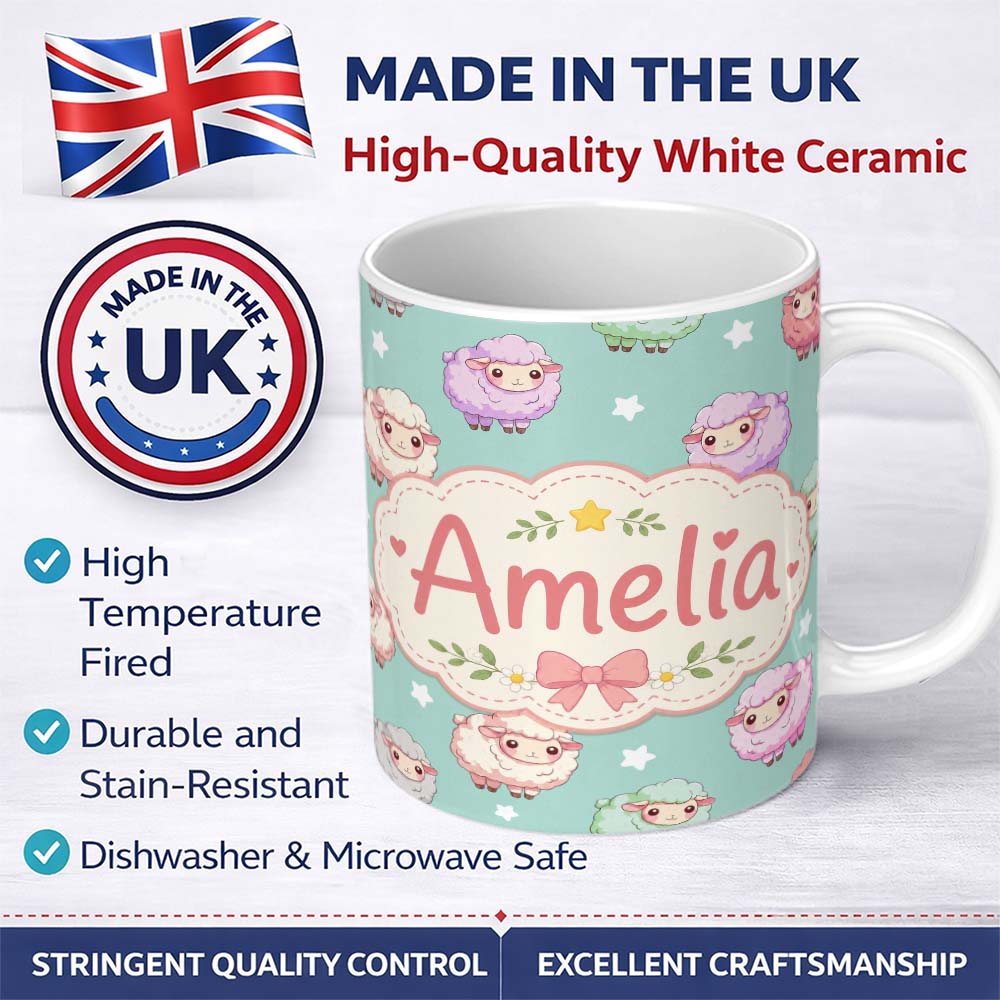 Personalized Custom Name Cute Kawaii Sheep with Mint Star Background Seamless Pattern Name 11oz Ceramic Coffee Tea Mug White Large Handle