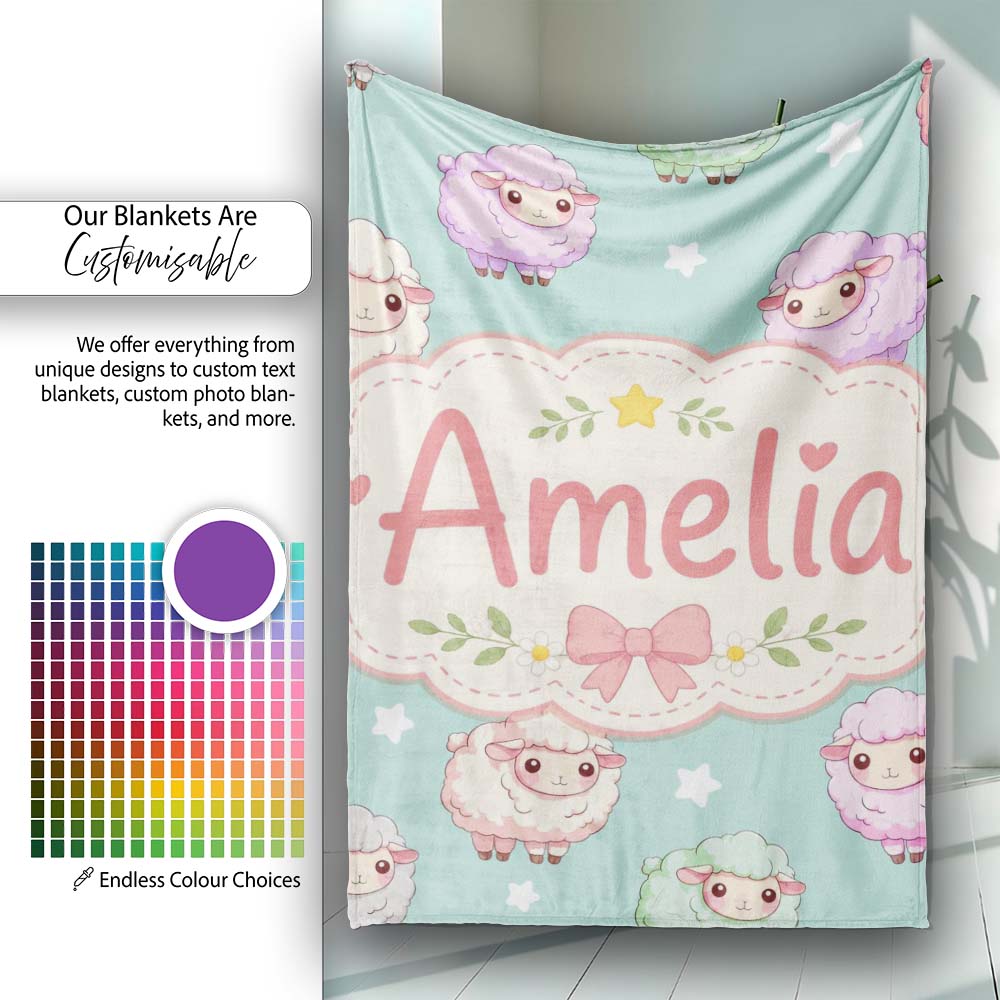 Cute Kawaii Sheep with Mint Star Background Seamless Pattern Name Personalised Custom Name Super Soft Fleece Blanket Bed Sofa Throw