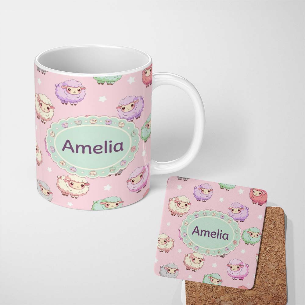 Personalized Custom Name Cute Kawaii Sheep with Pastel Pink Background Seamless Pattern 11oz Ceramic Coffee Tea Mug White Large Handle