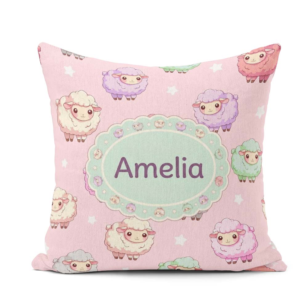 Custom Name Cute Kawaii Sheep with Pastel Pink Seamless Pattern Square Filled Cushion Throw Pillow Sofa Bed Home Decor Zip Washable UK Made