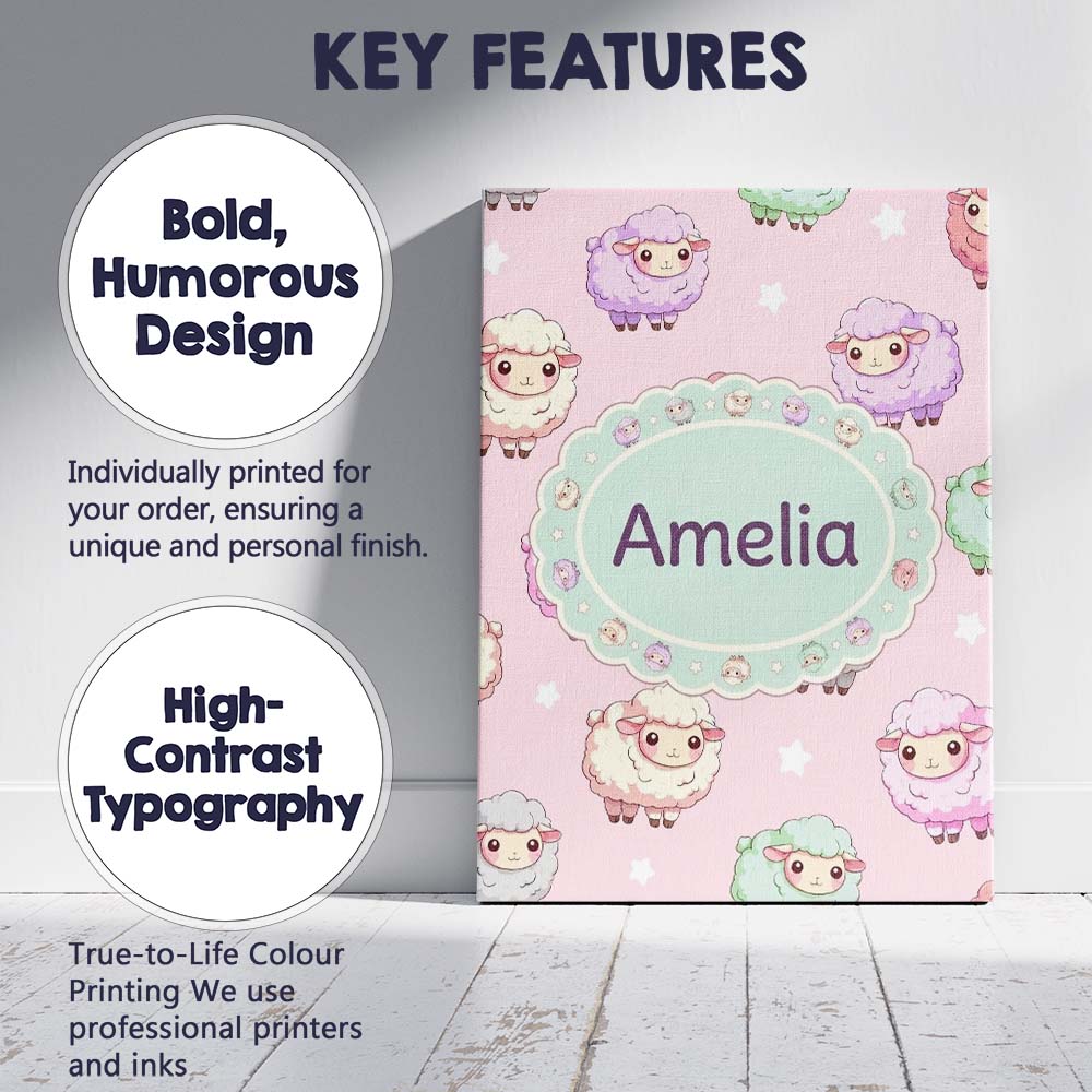 Personalised Name Cute Kawaii Sheep with Custom Unique Gift Idea Elegant Feature Canvas Wall Art Print Decor Picture Ready to Hang