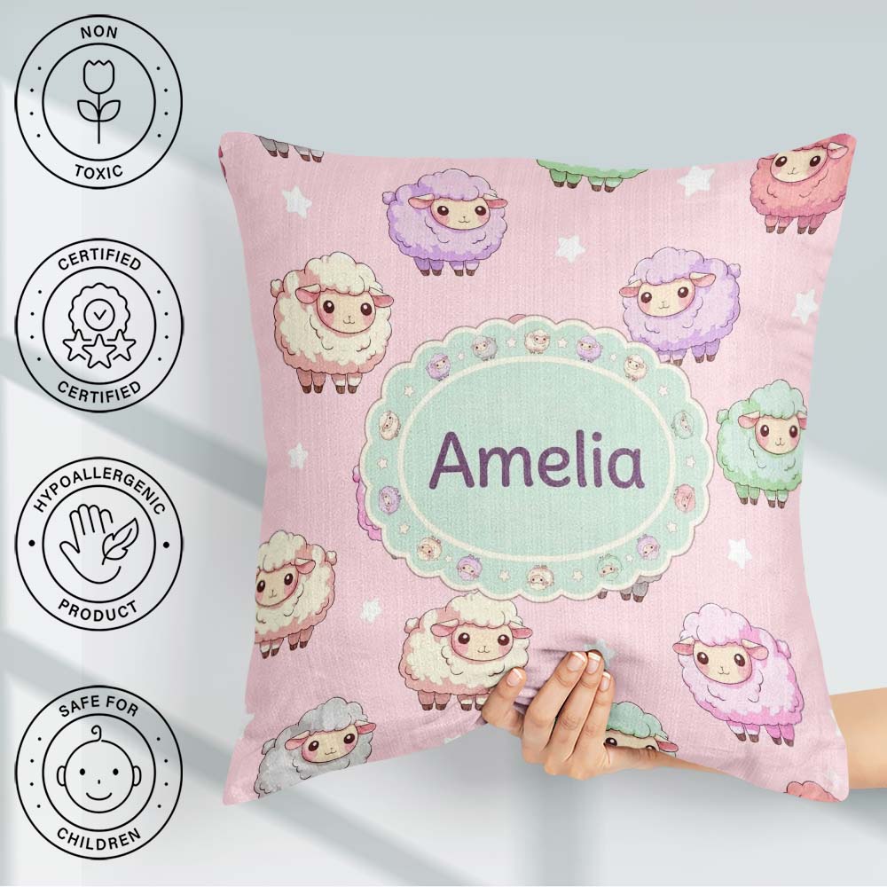 Custom Name Cute Kawaii Sheep with Pastel Pink Seamless Pattern Square Filled Cushion Throw Pillow Sofa Bed Home Decor Zip Washable UK Made