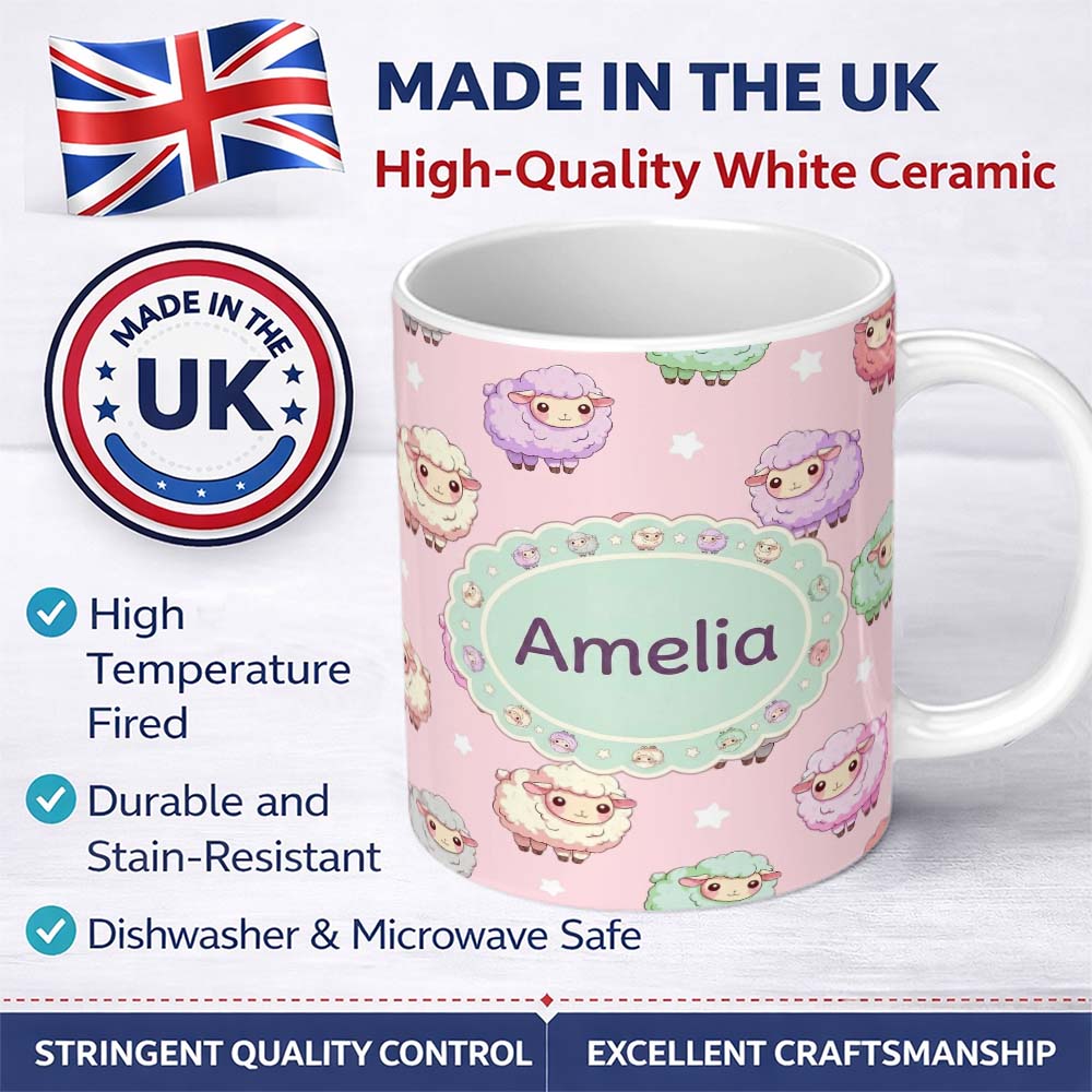 Personalized Custom Name Cute Kawaii Sheep with Pastel Pink Background Seamless Pattern 11oz Ceramic Coffee Tea Mug White Large Handle