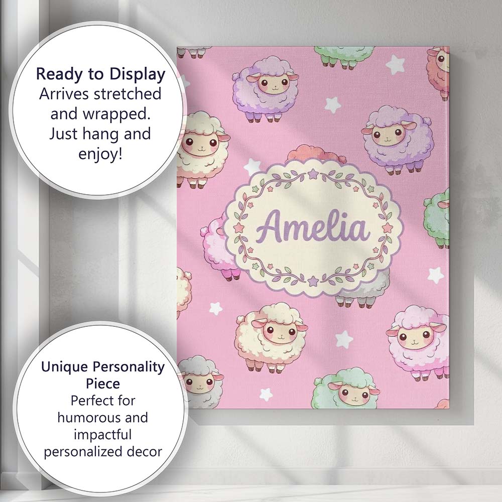 Personalised Name Cute Kawaii Sheep with Custom Unique Gift Idea Elegant Feature Canvas Wall Art Print Decor Picture Ready to Hang