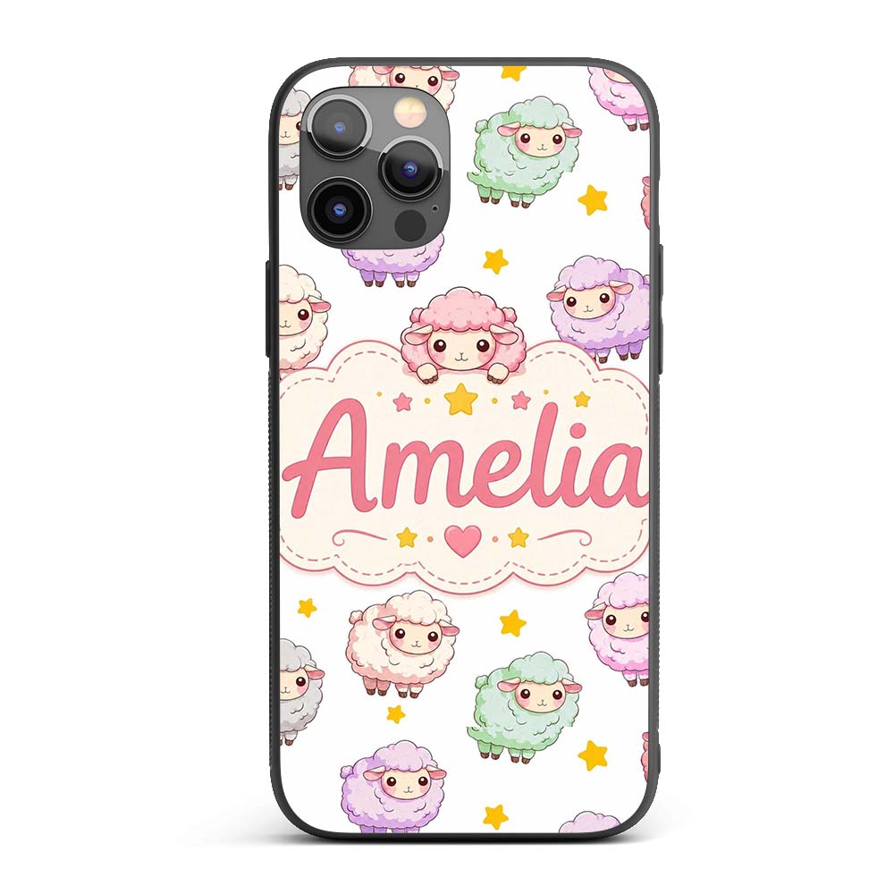 Cute Kawaii Sheep with Grey Star Printed Design Custom Name Protective Phone Case Mobile Cover Durable Everyday Smartphone Shock Resistant
