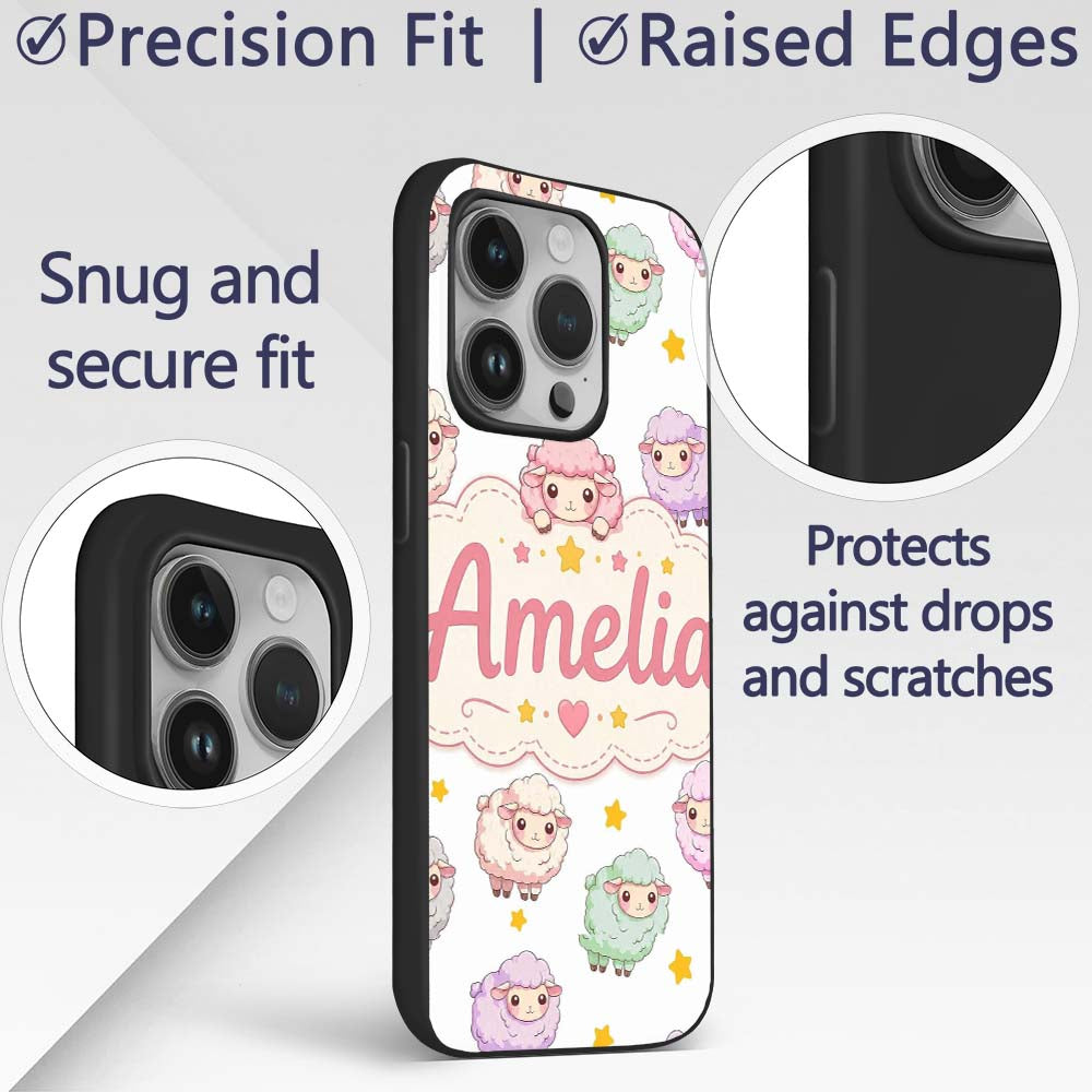 Cute Kawaii Sheep with Grey Star Printed Design Custom Name Protective Phone Case Mobile Cover Durable Everyday Smartphone Shock Resistant