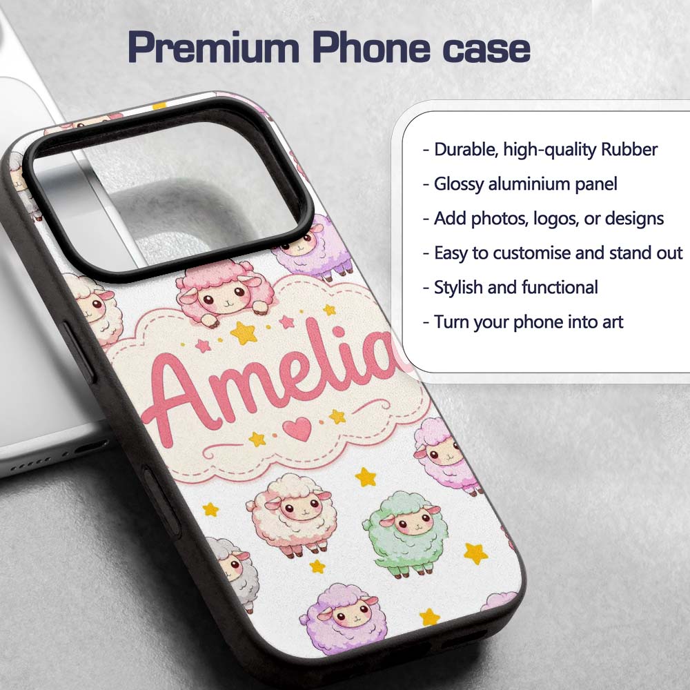 Cute Kawaii Sheep with Grey Star Printed Design Custom Name Protective Phone Case Mobile Cover Durable Everyday Smartphone Shock Resistant