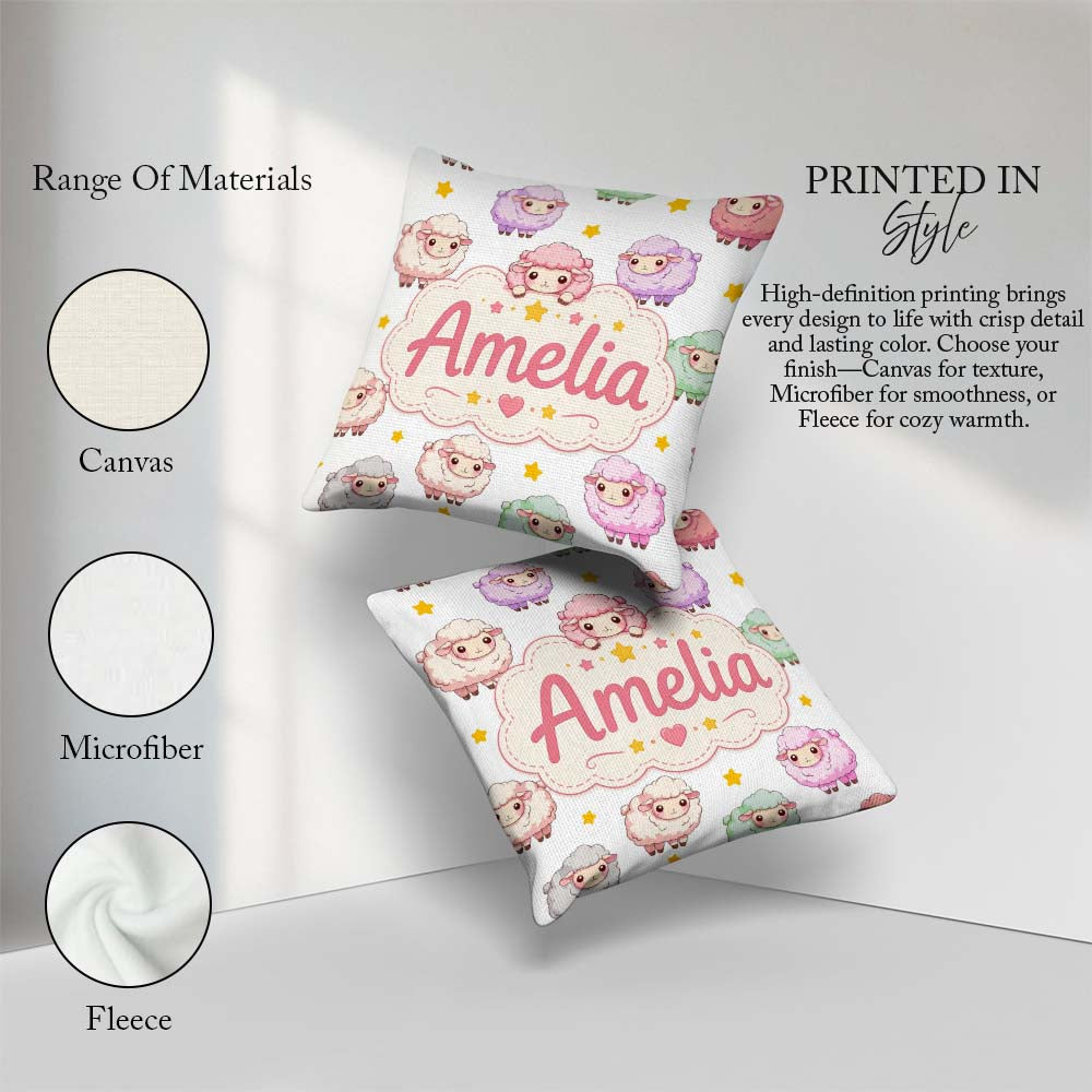 Custom Name Kawaii Sheep with Grey Star Background Seamless Name Square Filled Cushion Throw Pillow Sofa Bed Home Decor Zip Washable UK Made