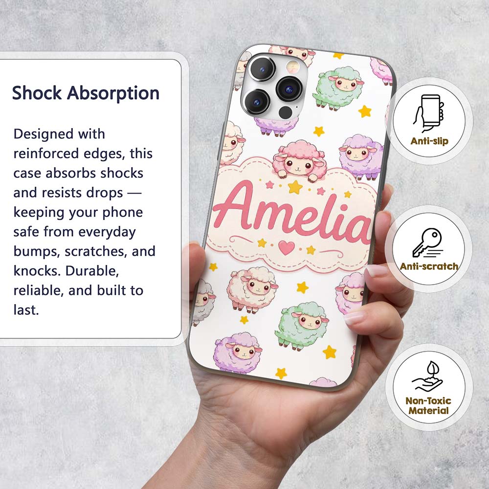 Cute Kawaii Sheep with Grey Star Printed Design Custom Name Protective Phone Case Mobile Cover Durable Everyday Smartphone Shock Resistant