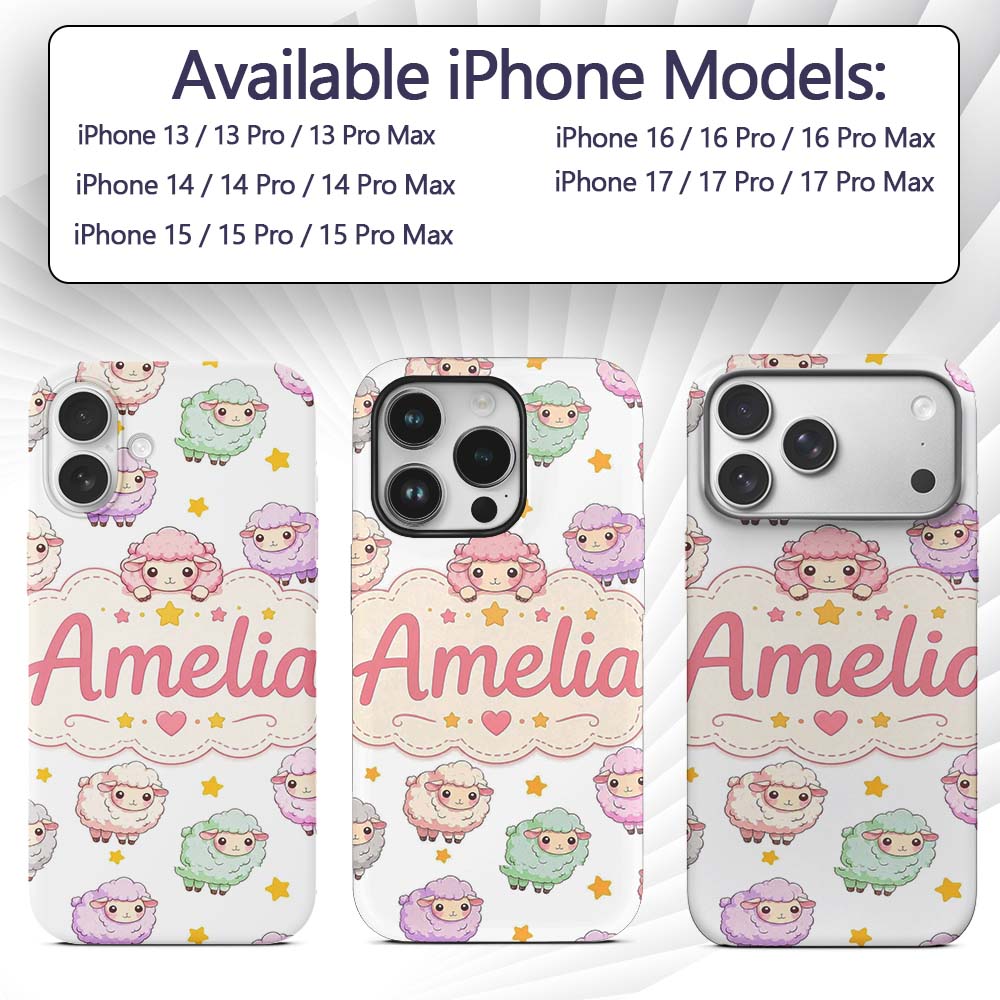 Cute Kawaii Sheep with Grey Star Printed Design Custom Name Protective Phone Case Mobile Cover Durable Everyday Smartphone Shock Resistant