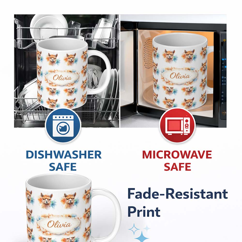 Personalized Custom Name Watercolour Alpaca Pattern Cute Animal Artistic Design Lovely 11oz Ceramic Coffee Tea Mug White Large Handle