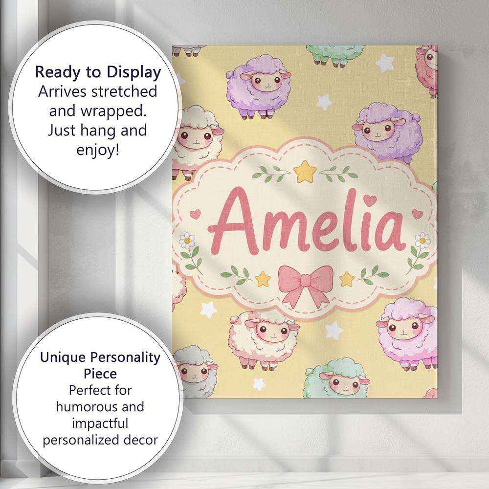 Personalised Name Cute Kawaii Sheep with Custom Unique Gift Idea Elegant Feature Canvas Wall Art Print Decor Picture Ready to Hang