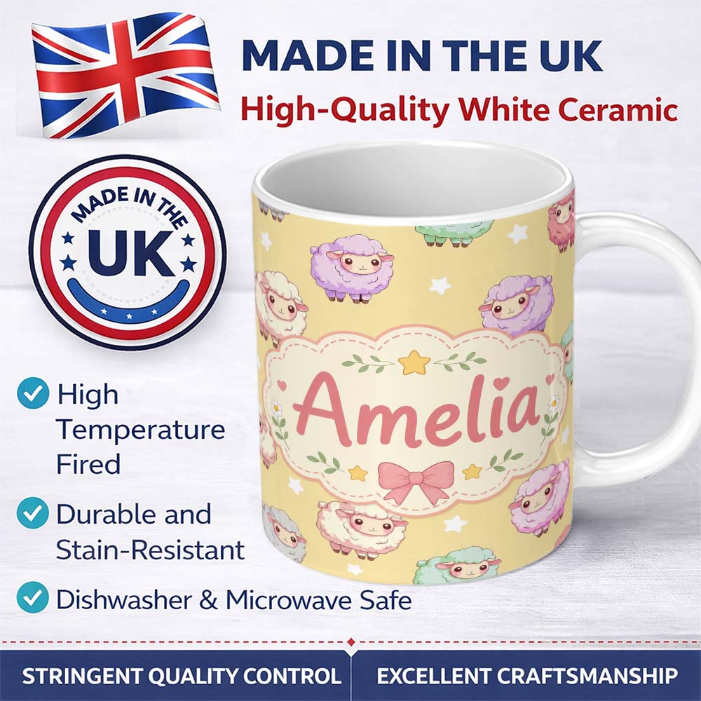 Personalized Custom Name Cute Kawaii Sheep with Yellow Star Background Seamless Pattern 11oz Ceramic Coffee Tea Mug White Large Handle
